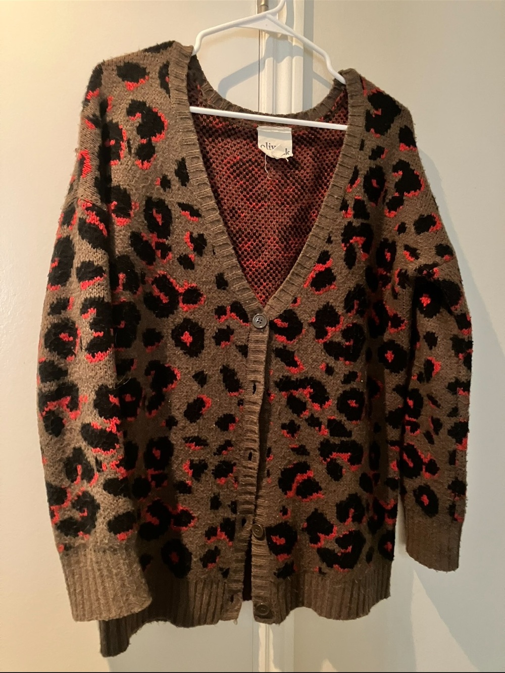 Olive & Oak Brown Leopard-Print Button Cardigan with Red Accents